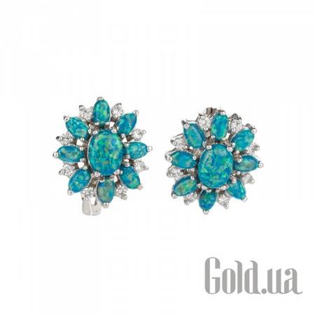 Серьги Серебряные серьги с куб. циркониями и синт. опалами