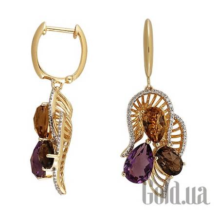 Серьги с подвесками Золотые серьги с бриллиантами, аметистами и кварцем