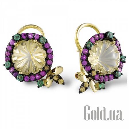 Серьги Золотые серьги с изумрудами, кварцами и сапфирами