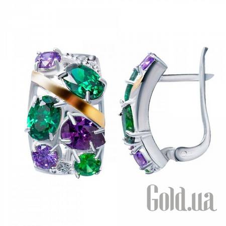 Серьги Серебряные серьги с куб. циркониями и вставками из золота
