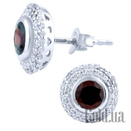 Серьги-гвоздики Серебряные серьги с гранатами и куб. циркониями