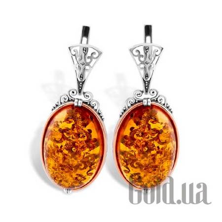 Серьги с подвесками Серебряные серьги со вставкой из золота и янтарем