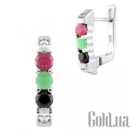 Серьги Серебряные серьги с сапфирами, рубинами, изумрудами и куб. циркониями