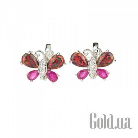 Серьги Серебряные серьги с синт. рубинами, синт. опалами и куб. циркониями