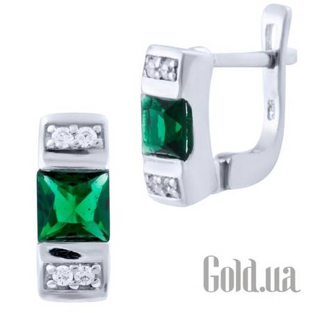 Серьги Серебряные серьги с куб. циркониями и синт. изумрудами