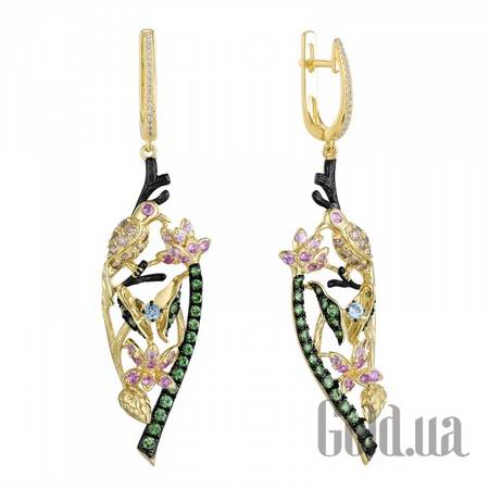 Серьги с подвесками Золотые серьги с бриллиантами, гранатами, сапфирами и топазами