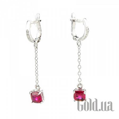 Серьги с подвесками Серебряные серьги с синт. рубинами и куб. циркониями