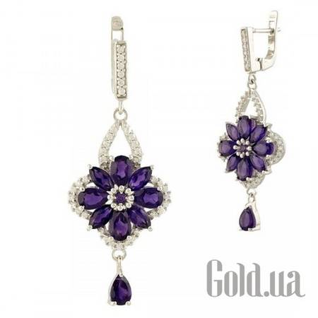 Серьги с подвесками Серебряные серьги с аметистами и куб. циркониями