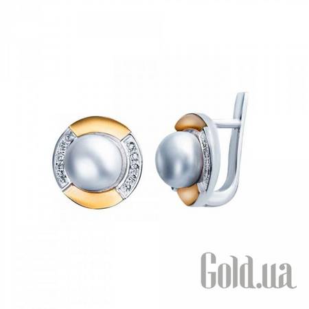 Серьги Серебряные серьги с куб. циркониями, жемчугом и вставками золота