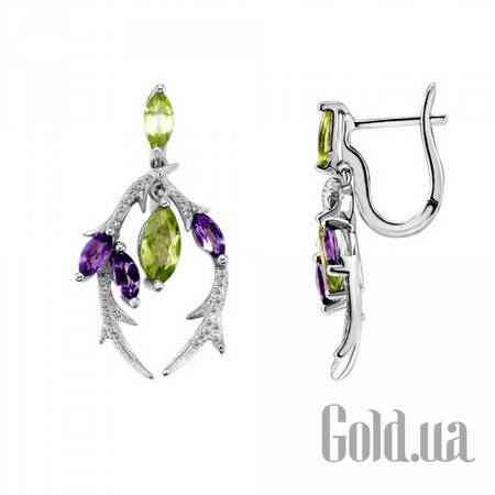 Серьги с подвесками Золотые серьги с бриллиантами, аметистами и перидотами