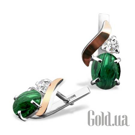 Серьги JF Серебряные серьги с искусств. малахитами и   куб. циркониями в позолоте