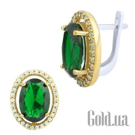 Серьги Серебряные серьги с синт. изумрудами и куб. циркониями