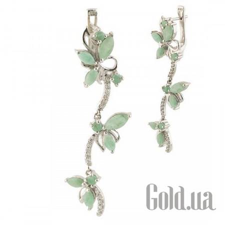 Серьги с подвесками Серебряные серьги с изумрудами и куб. циркониями