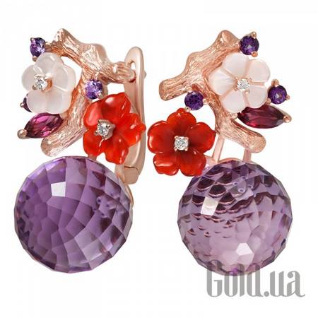 Серьги Золотые серьги с бриллиантами, аметистами, агатами, родолитами, топазами и перламутрами