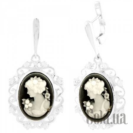 Серьги с подвесками Серебряные серьги с ониксами, перламутром и куб. циркониями