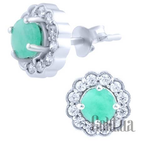 Серьги-гвоздики Серебряные серьги с изумрудами и куб. циркониями