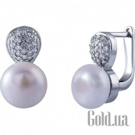 Серьги с подвесками Серебряные серьги с жемчугом и куб. циркониями