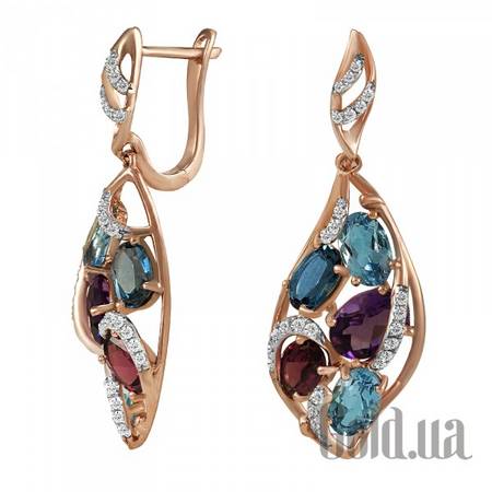 Серьги с подвесками Золотые серьги с бриллиантами, аметистами, родолитами и топазами