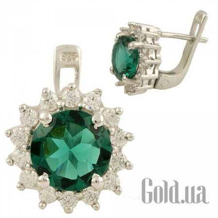 Серьги Серебряные серьги с синт. изумрудами и куб. циркониями