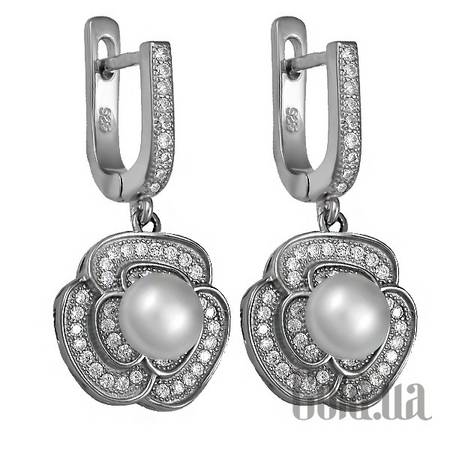 Серьги с подвесками Серебряные серьги с куб. циркониями и жемчугом (искусств.)