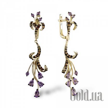 Серьги с подвесками Золотые серьги с бриллиантами, аметистами и сапфирами