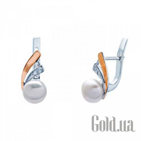 Серьги Серебряные серьги с куб. циркониями, жемчугом и вставками из золота