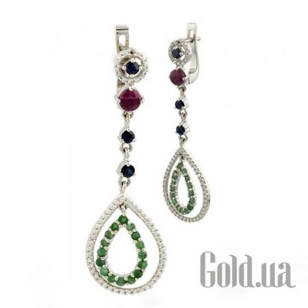 Серьги с подвесками Серебряные серьги с сапфирами, изумрудами, рубинами и куб. циркониями