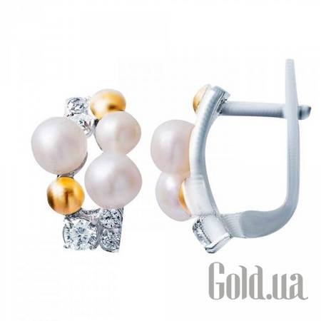 Серьги Серебряные серьги с куб. циркониями, жемчугом и вставками из золота