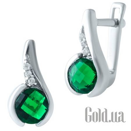 Серьги Серебряные серьги с синт. изумрудами и куб. циркониями