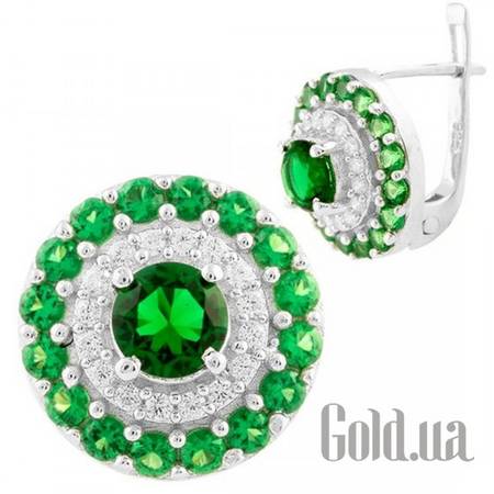 Серьги Серебряные серьги с куб. циркониями, изумрудами и хрусталем