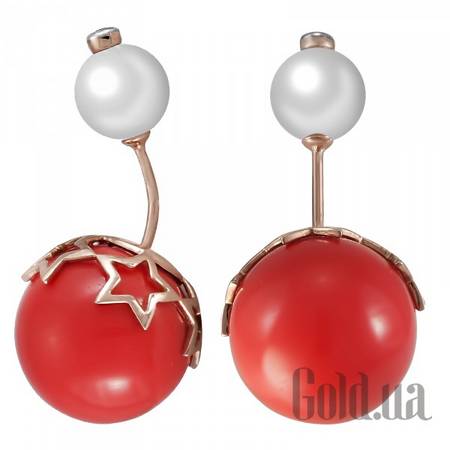 Серьги-гвоздики Золотые серьги с бриллиантами, жемчугом и кораллом