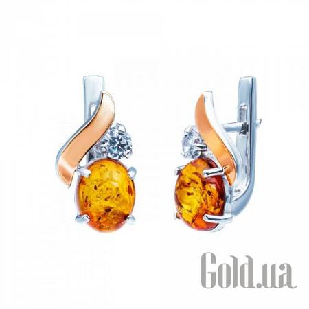 Серьги Серебряные серьги с янтарем, куб. циркониями и вставками золота