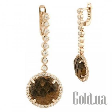 Серьги с подвесками Серебряные серьги с кожей и куб. циркониями в позолоте