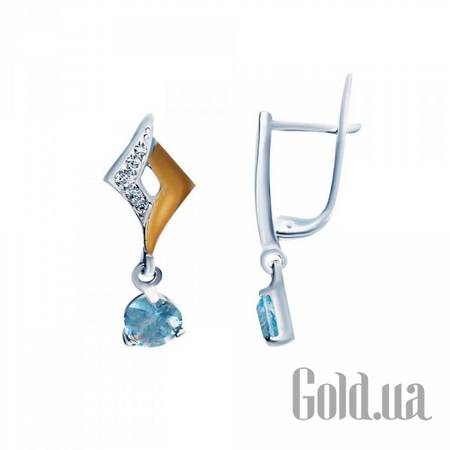 Серьги с подвесками Серебряные серьги с куб. циркониями и вставками из золота