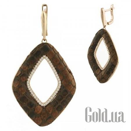Серьги с подвесками Серебряные серьги с кожей и куб. циркониями в позолоте