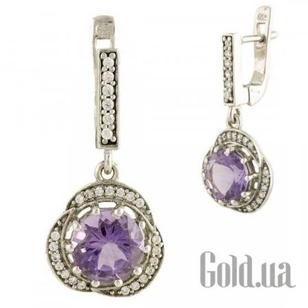 Серьги с подвесками Серебряные серьги с аметистами и куб. циркониями
