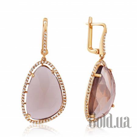 Серьги с подвесками Золотые серьги с дымчатым кварцем и куб. циркониями