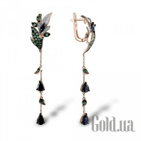 Серьги с подвесками Золотые серьги с бриллиантами, изумрудами и сапфирами