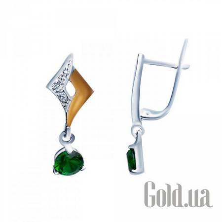 Серьги с подвесками Серебряные серьги с куб. циркониями и вставками из золота