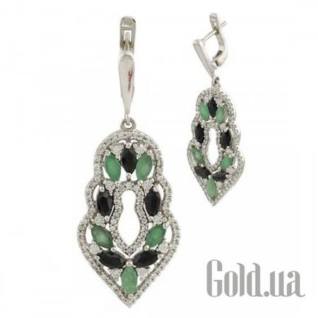 Серьги с подвесками Серебряные серьги с сапфирами, изумрудами и куб. циркониями