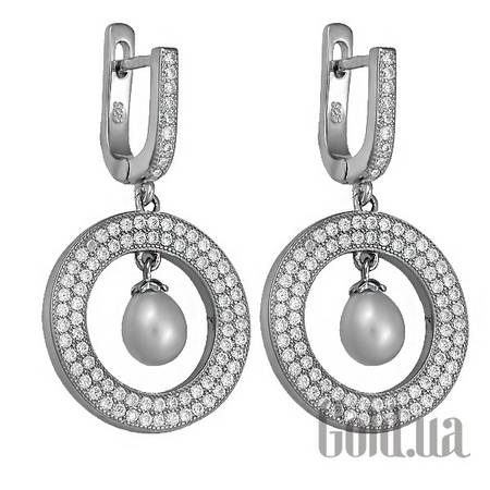 Серьги с подвесками Серебряные серьги с куб. циркониями и жемчугом (искусств.)