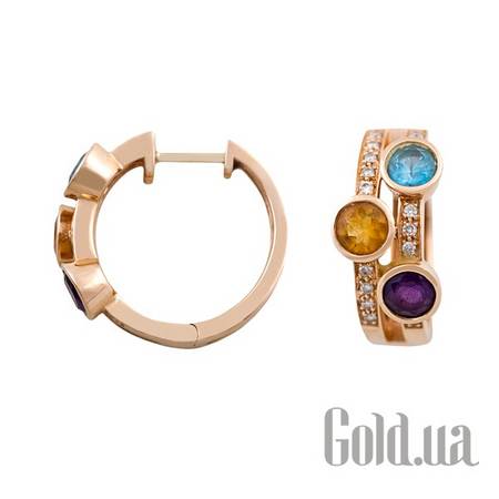 Серьги-кольца Золотые серьги с бриллиантами и полудрагоценными камнями