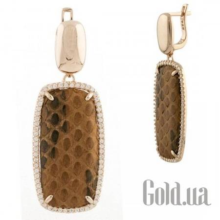 Серьги с подвесками Серебряные серьги с кожей и куб. циркониями в позолоте