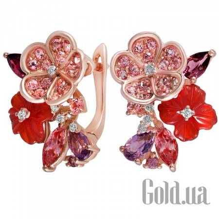 Серьги Золотые серьги с бриллиантами, агатами, аметистами, родолитами и топазами