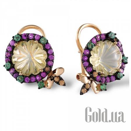 Серьги Золотые серьги с изумрудами, кварцами и сапфирами