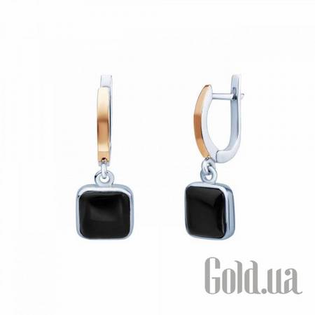 Серьги с подвесками Серебряные серьги с ониксами и вставками из золота