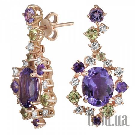 Серьги с подвесками Золотые серьги с бриллиантами, аметистами и перидотами