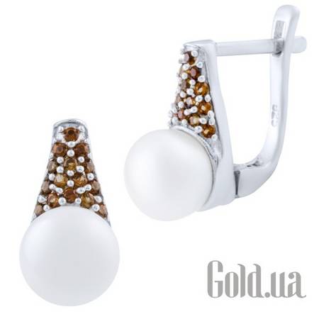 Серьги Серебряные серьги с искусств. жемчугом и синт. гранатами