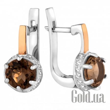 Серьги Серебряные серьги с раухтопазами, куб. циркониями и вставками из золота