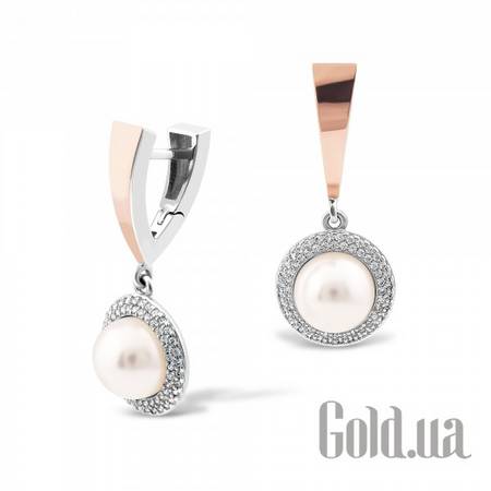 Серьги с подвесками Серебряные серьги с пресн. жемчугом и куб. циркониями в позолоте